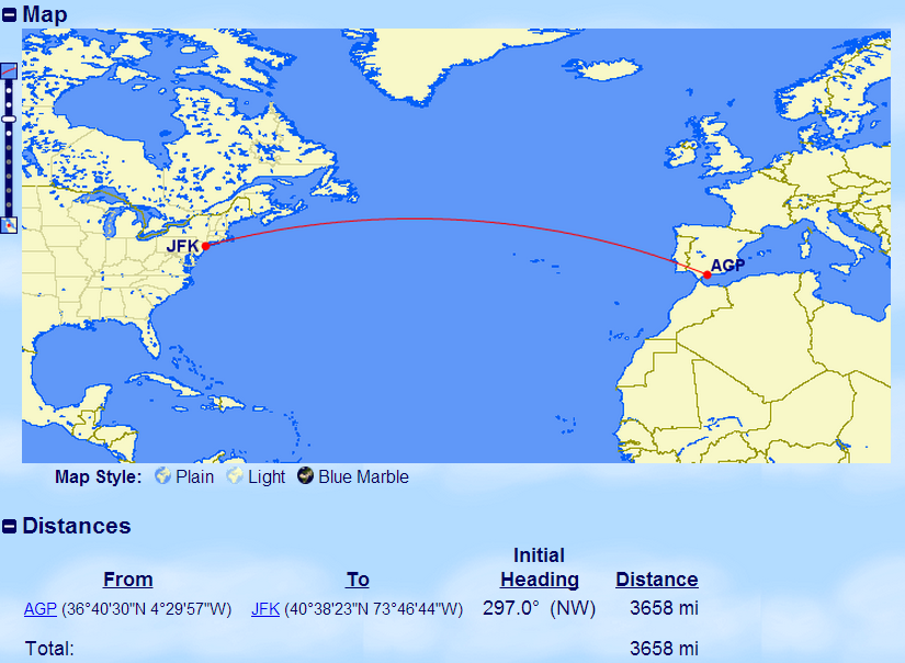 AGP-JFK distance calculated using GCMap. The TPM is 3658 miles.