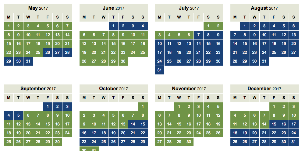 a calendar with numbers and a few months