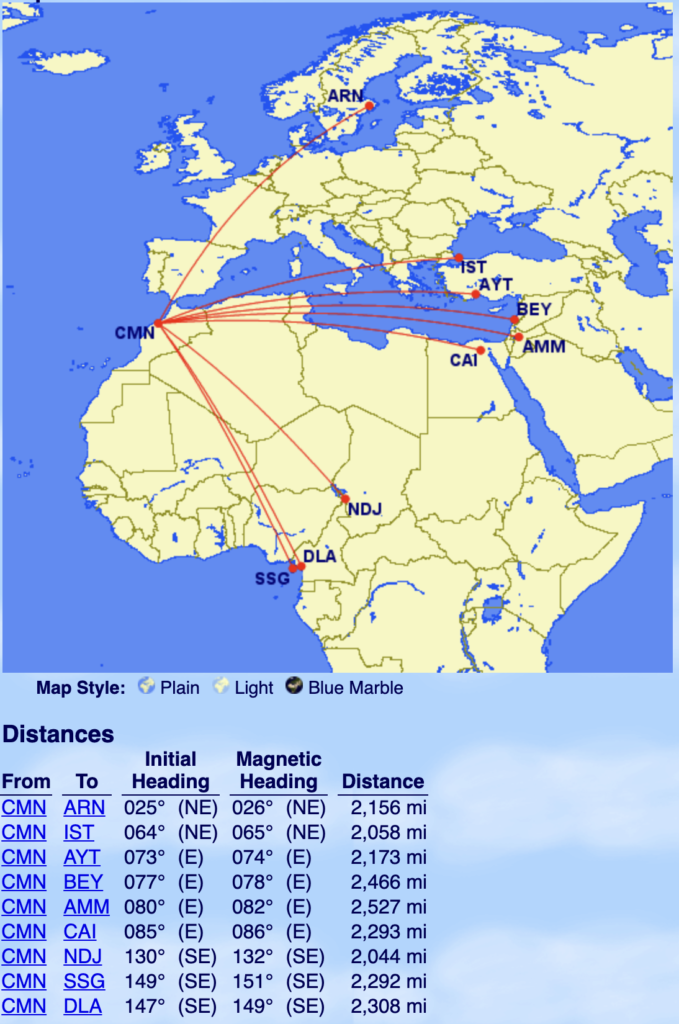 Royal Air Maroc 2000 mile marginal routes