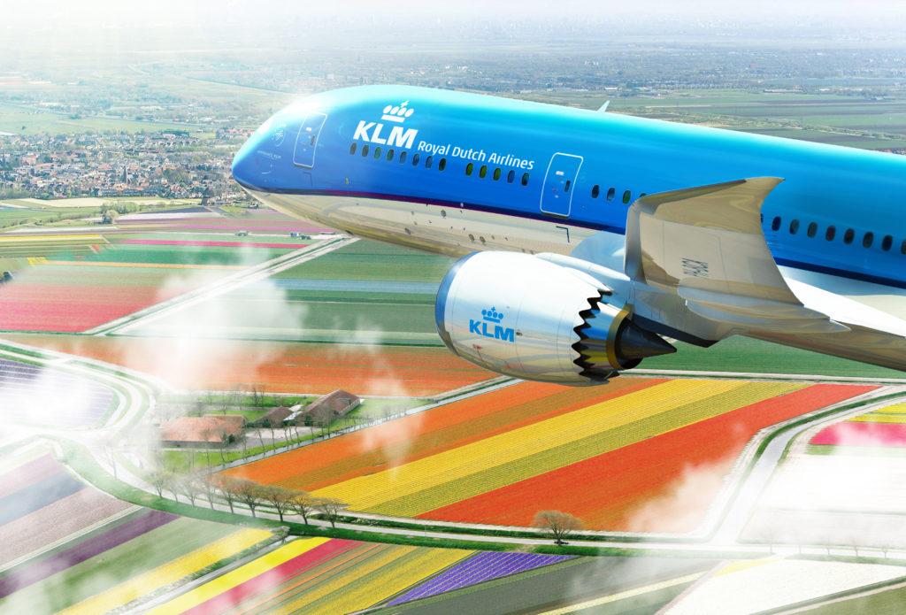 a blue airplane flying over a field of flowers