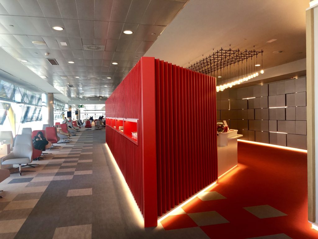 a red wall in a lobby