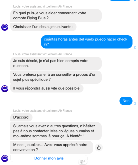 Asking Louis, the Air France chat bot questions in English, French and Spanish.
